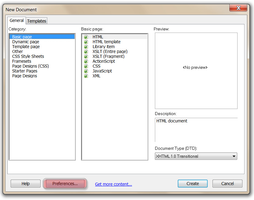 Dreamweaver preferences new