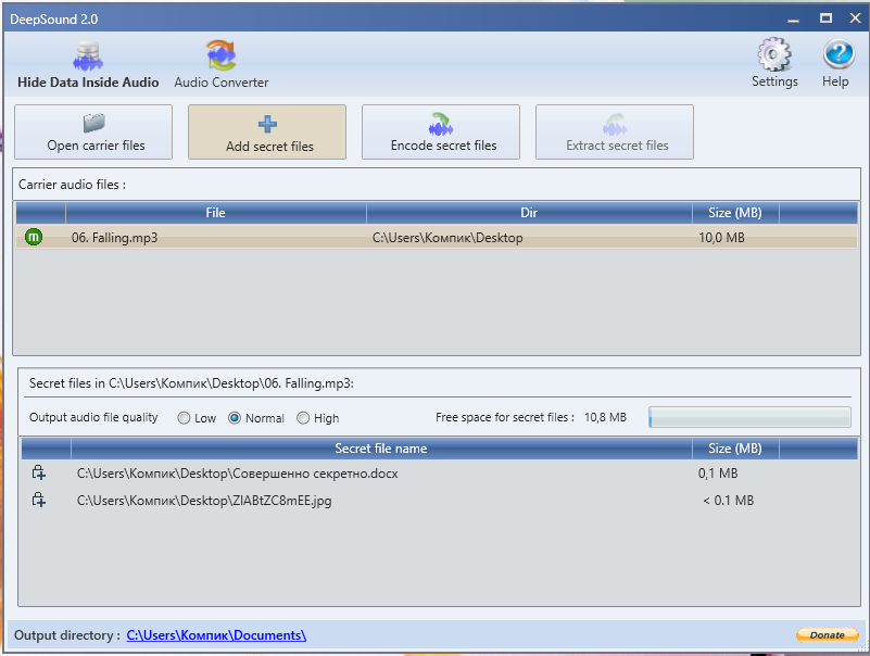 Output directory. Как выглядит криптоконтейнер. Секретные файлы. Deep Sound стеганография. Личные файлы.