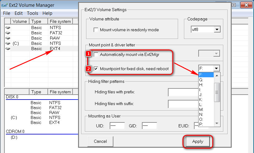 Ext2/3 Volume Settings