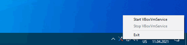 Меню значка VBoxVmService