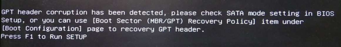 Обнаружено повреждение заголовка GPT, проверьте настройки режима SATA в BIOS
